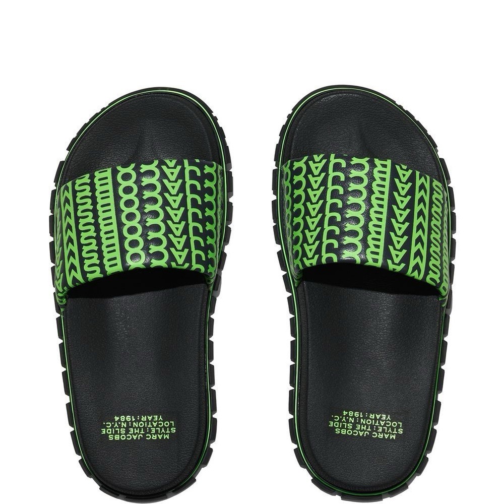 Marc Jacobs Black and Neon Green Slide Sandals